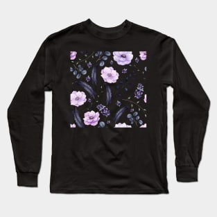 Seamless Pattern of Watercolor Dark Berries and Feathers Long Sleeve T-Shirt